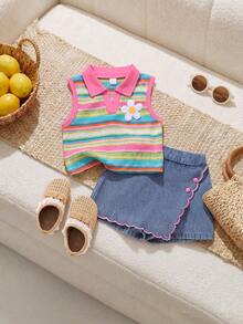 SHEIN Elladie kids 2件組少女夏季套裝，家庭度假穿搭，紋理針織背心上衣搭配牛仔裙褲，荷葉邊刺繡櫻桃花卉復古可愛套裝 - 彩色 - 查看 1