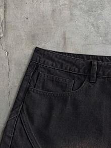 AXEPEAK Men's Washed Denim Shorts With Embroidered Craftsmanship, Fashion - Black - View 4