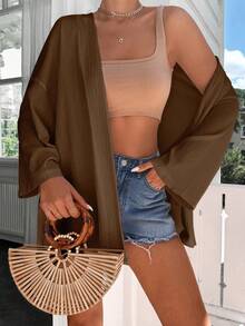RueChic Kimono de hombros caídos y frente abierta, para el verano y las vacaciones en la playa - Marrón - Ver 2