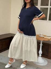DAZY Color Block Patchwork Round Neck Casual Loose Short Sleeve Long Maternity Dress For Spring And Summer - Navy Blue - View 4