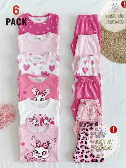 6pcs/Set Summer & Autumn Pink Young Girl Pajama Set, Soft & Comfortable Snug Fit Sleepwear, Cute Colorful Heart Print Casual Minimalist Short Sleeve Top & Long Pants