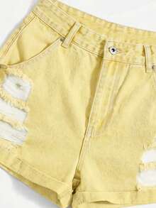 SHEIN EZwear 夏季休閒破洞牛仔短褲 - 黃色 - 查看 4