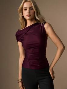 CielaLinda Women's Ruched Off-Shoulder Knit Top, One-Shoulder Solid Color Blouse, Casual Top - Red Violet - View 4