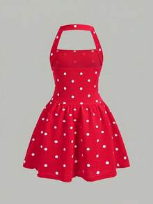 Firerie Kids Firerie Kids Tween女孩休閒度假風黑白波點掛脖A字可愛洋裝 - 紅色 - 查看 5