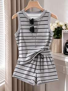 EMERY ROSE Plus Size Women's Black & Gray Striped Round Neck Tank Top And Drawstring Waist Shorts Casual 2-Piece Set, Comfortable For Summer Daily Wear - Multicolor - View 3