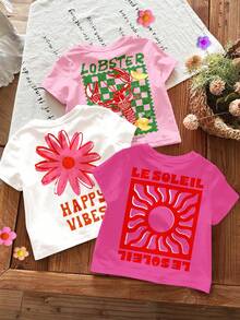 SHEIN LMoss Kids 3件組復古時尚度假卡通印花女嬰休閒極簡短袖圓領T恤，適合四季日常穿著、上學、外出、街拍、度假、返鄉，新風格、隨性時髦 - 彩色 - 查看 3