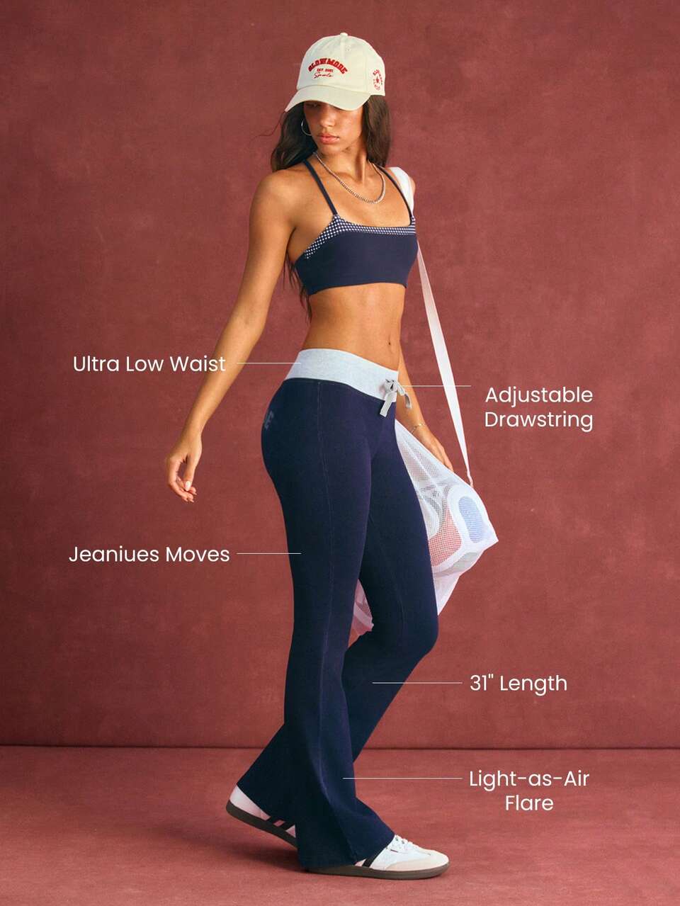 31" Jeanius Moves Varsity Flow Faux Denim Stretchy Lightweight Low-Rise Ribbed Waist Flare Lounge Pants Daily Casual Wear