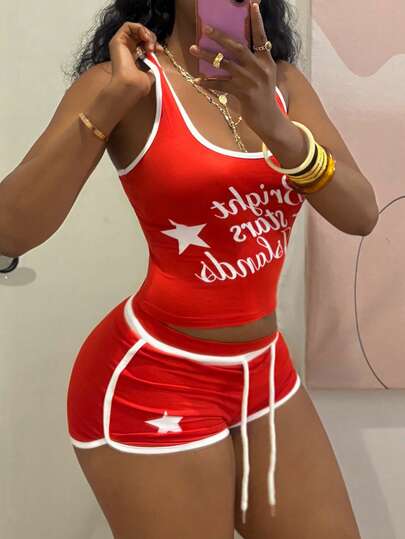 SHEIN HypeZone 女款字母印花撞色上衣與抽繩腰短褲休閒日常兩件套