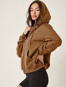 SHEIN BASICS 舒適抓絨落肩拉鍊連帽衛衣，秋冬長袖上衣 - 駝色 - 查看 3