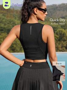 OutZeal Gym Top Women Sports Black Bra Gym Workout Quick Dry Mesh Panel With Pocket Summer Tee Tank Active Top - Black - View 1
