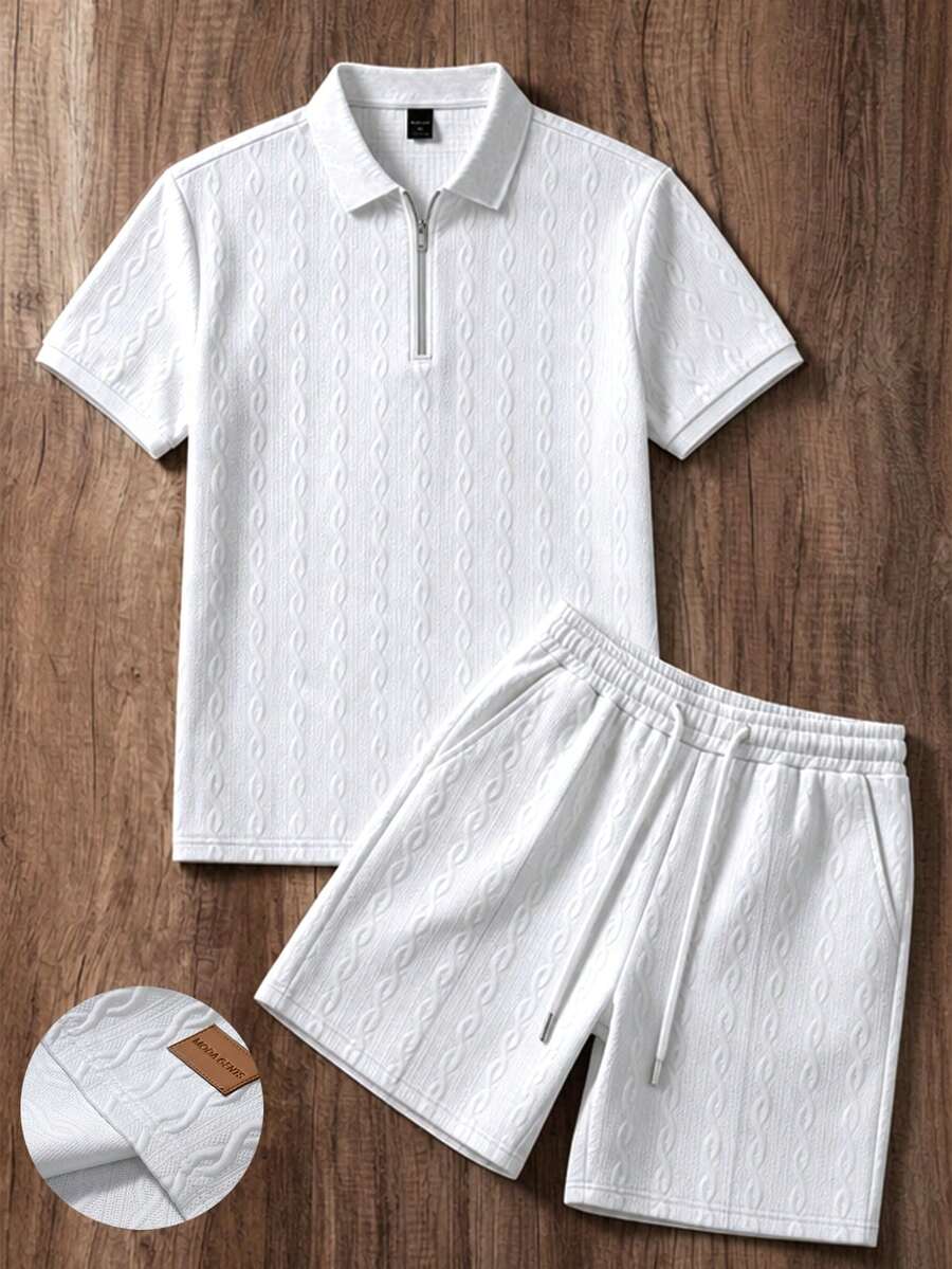 EGENSIO Men's Knitted Jacquard Solid Color Textured Pure White Collar & Cuffs Flat Knit Zipper Denim White Rope Polo Set - White - View 1
