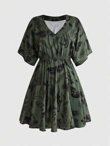 ROMWE Gothic Dark Horror Forest Skull Print Loose Plus Size Dress - Green - View 1