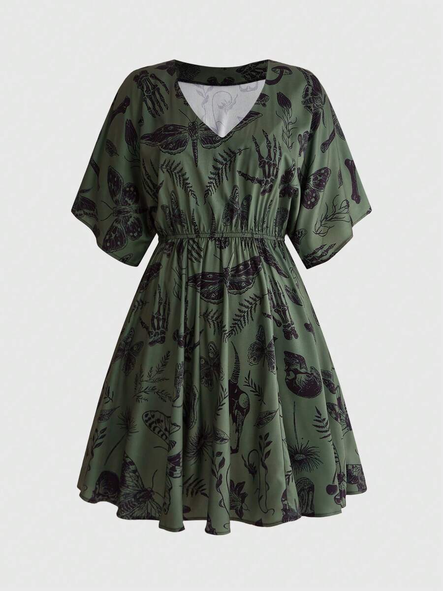 ROMWE Gothic Dark Horror Forest Skull Print Loose Plus Size Dress - Green - View 1