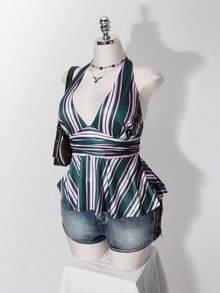 SHEIN ICON 女款大尺碼粉綠條紋掛脖上衣 - 彩色 - 查看 10
