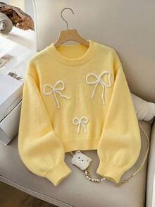 SHEIN Genkimix Kids 青少年女孩毛衣，奶油黃圓領套頭衫，3D刺繡白色蝴蝶結，柔軟針織上衣，可愛甜美極簡長袖，適合秋冬居家、外出、派對、拍照、戶外玩耍 - 黃色 - 查看 8