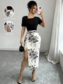 SHEIN Clasi 女款印花開衩下擺洋裝，優雅休閒風，印花圖案，適合日常度假戶外穿著的女式連身裙 - 彩色 - 查看 5