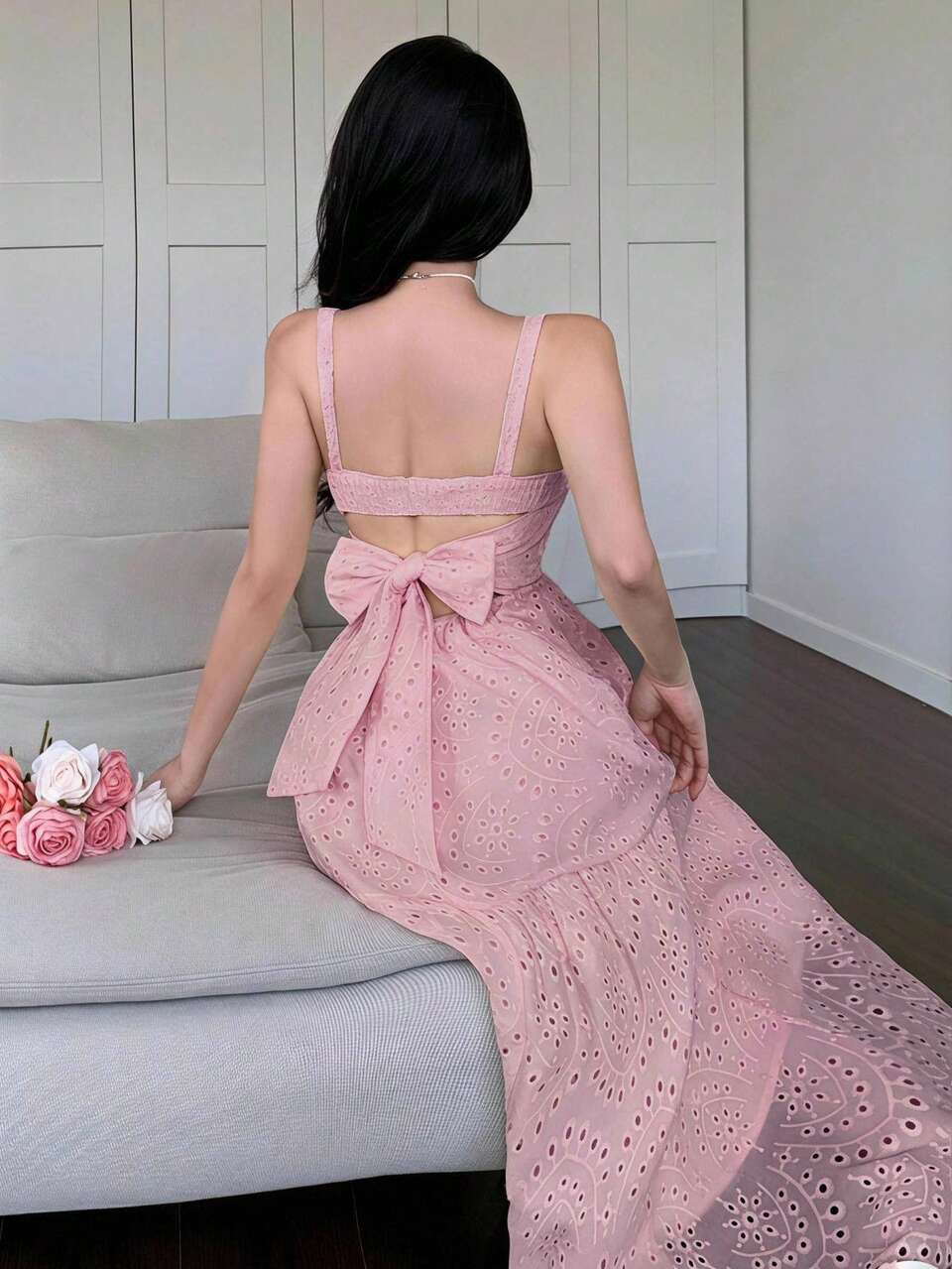 Women's Casual Vacation Style Hollow Embroidery Long Dress, Spring/Summer