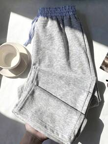 SHEIN 青少年女孩單件寬鬆直筒彈性對比條紋腰帶長款運動長褲，舒適微喇褲腳，適中厚度，適合四季日常休閒與運動穿著 - 淺灰色 - 查看 4