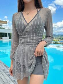 DAZY Women's Striped V-Neck Ruched One-Piece Swimsuit, Suitable For Beach Vacation, Pool Party, Beach Party Summer - Grey - View 2