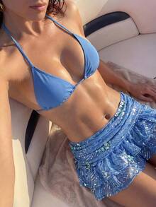 Swim Chiccia 女款多巴胺蕾絲亮片水鑽裝飾夏季裙 - 藍色 - 查看 1