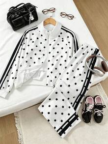 SHEIN 2件組時尚休閒街頭風女款/青少年新款白色拼接飾邊拉鍊立領夾克與寬鬆長褲套裝，適合冬季 - 白色 - 查看 6