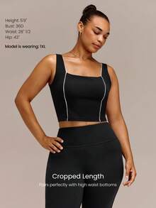 GLOWMODE Áo tank dáng ngắn FeatherFit™ Sporty Flow lưng chéo, viền tương phản, có cúp ngực tháo rời, tác động thấp, size lớn, cho yoga, pilates, studio và hoạt động hàng ngày - màu đen - Xem 2
