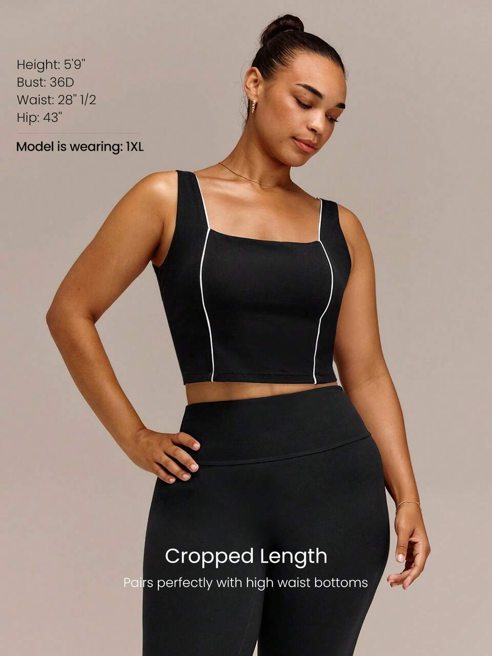 FeatherFit™ Sporty Flow Crossover Back Cropped Tank With Contrast Piping & Removable Cups Low Impact Plus Size Yoga Pilates Studio Daily Active