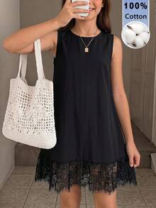 SHEIN Tween女孩青少年女孩春/夏棉質黑色圓領可愛洋裝，適合休閒度假、海灘度假、日常休閒穿著 - 黑色 - 查看 3