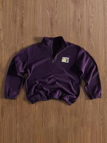 Manfinity Hypemode Sudadera holgada con cremallera frontal de cuarto y parche de franela para hombre, para otoño e invierno, top de manga larga - Morado Violeta - Ver 2