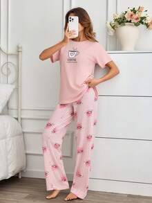 SHEIN 女款棉質印花圓領短袖上衣高腰舒適長褲 2 件組睡衣套裝居家睡眠用 熱粉色 粉色與白色 夏季 - 粉色 - 查看 3