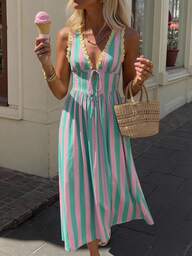 Vivid Eden Women's Pink Green Vertical Stripe Lace Trim V Neck Tie Front Sleeveless Midi Dress For Vacation, Casual Beach Outfits For Woman, Vacation