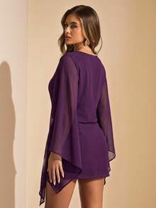 SHEIN BAE Spring/Summer Solid Plum Purple Red Women's Designer Chiffon Long Sleeve Mini Wrap Dress, Deep Draped Neck, Cowl Neck, Summer Vacation Beach, Going Out Dress, Elegant Dress - Purple - View 2