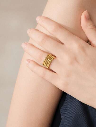 MOTF PREMIUM 18K GOLD PLATED RETRO METAL WOVEN OPEN RING ADJUSTABLE MESH TEXTURE RING COMMUTER TEMPERAMENT ACCESSORIES