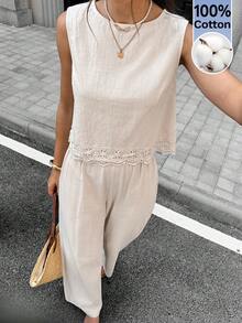 SHEIN Frenchy 女款蕾絲拼接圓領上衣與長褲休閒日常套裝 米色 夏季度假風 - 杏色 - 查看 10
