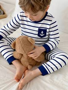 SHEIN Vintaside Kids 2件組男孩長袖休閒條紋寬鬆套裝，秋季慵懶休閒風，送給男孩的最佳禮物 - 藏蓝色 - 查看 8