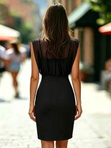 Balvessa Women's Solid Color Mesh Stand Collar Fitted Elegant Sleeveless Dress - Black - View 2