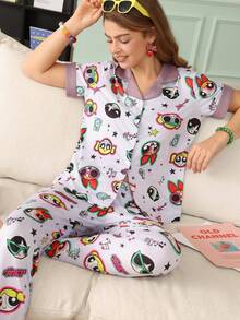 Chillnights THE POWERPUFF GIRLS X SHEIN Flying Police Woman Co-Branded Lapel Trim Women's Loungewear Set - Multicolor - View 1