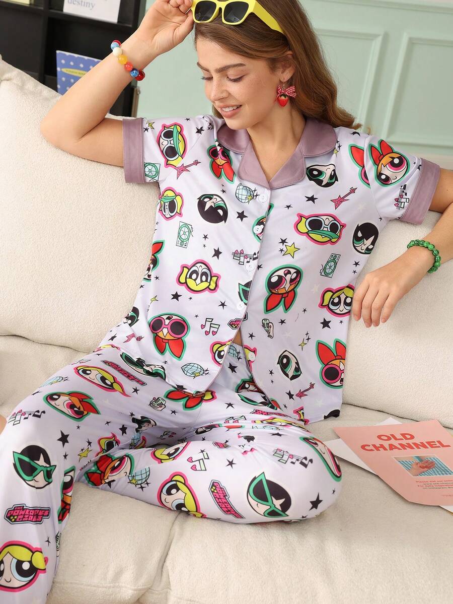 Chillnights THE POWERPUFF GIRLS X SHEIN Flying Police Woman Co-Branded Lapel Trim Women's Loungewear Set - Multicolor - View 1