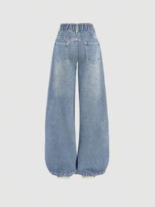 SHEIN Girlism Tween Girl Tween Girl Loose Wide Leg Casual Denim Jeans With Pockets - Light Wash - View 2