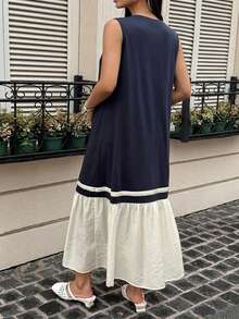 DAZY Colorblock Patchwork Round Neck Casual Loose Short Sleeve Long Maternity Dress For Spring And Summer - Navy Blue - View 2