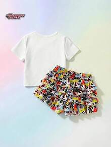 THE POWERPUFF GIRLS X SHEIN Maija Kids 女童圖案針織軟綿圓領短袖套頭T恤與鬆緊腰分層裙褲兩件套 - 彩色 - 查看 2
