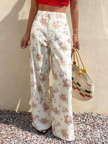 Livesso Jeans casuales para mujer de cintura alta, pierna ancha y sueltos, de algodón con estampado floral blanco, para verano, otoño y el festival de junio - Blanco - Ver 4