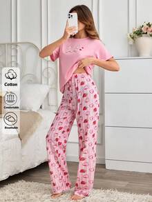 SHEIN Cotton Line 女款可愛粉色貓咪圖案圓領短袖上衣與高腰草莓 - 粉色 - 查看 6