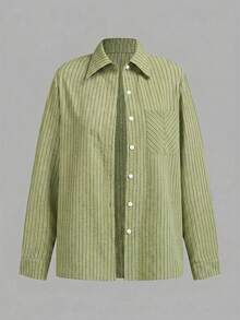 SHEIN LUNE 女款休閒白色黑色襯衫與長褲3件套秋季服裝套裝 工作服 日常度假早午餐辦公室旅行城市短途綠色條紋 - 綠色 - 查看 7