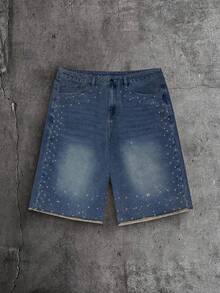 AXEPEAK Men's Black Washed Rhinestone StuddedBermuda Shorts - Medium Wash - View 6