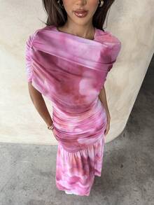Aloruh Mesh Ruched Printed Elegant Extra Long Dress For Party, Date, Romantic Outfit - Multicolor - View 8