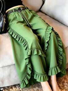 SHEIN Raffinéa Celana Panjang Wanita Terbaru Warna Hijau Zaitun dengan Hiasan Ruffle dan Patchwork, Celana Kasual Tipis Musim Panas dengan Pinggang Tinggi dan Desain Draping yang Serbaguna dan Melangsingkan. - Hijau - View 1
