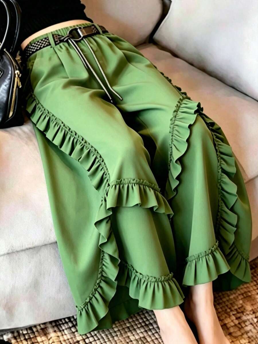SHEIN Raffinéa Celana Panjang Wanita Terbaru Warna Hijau Zaitun dengan Hiasan Ruffle dan Patchwork, Celana Kasual Tipis Musim Panas dengan Pinggang Tinggi dan Desain Draping yang Serbaguna dan Melangsingkan. - Hijau - View 1
