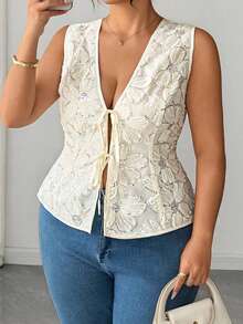GlowEve CURVE Plus Size Floral Sequin Embroidered Mesh Fabric Patchwork Solid Color Fabric V-Neck Sleeveless Cinched Waist A-Line Multi-Layer Tie Front Structure Blouse Elegant Casual Commute Date Party Holiday Blouse - Apricot - View 3