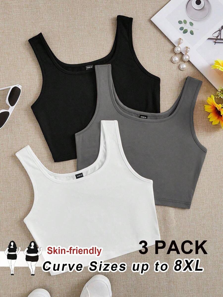 SHEIN CURVE+ Curves 大尺碼女裝/校園服飾/返校服飾/返校 3 件組大尺碼女款休閒套裝 - 彩色 - 查看 1